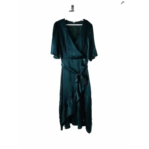 Lulus | Dresses | New Lululs Dark Green Satin Faux Wrap Hilow Midi Dress |  Poshmark
